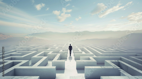 See an entrepreneur overcoming obstacles, symbolized by a maze with a clear path forward.