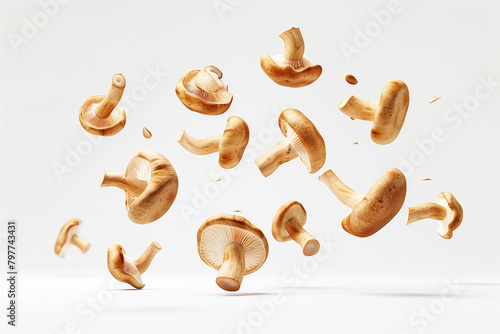 Sliced ​​shiitake mushrooms float in the air on a white background.