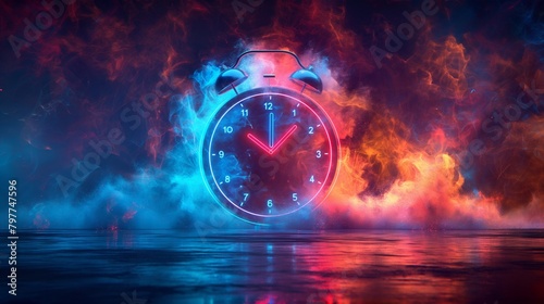 clock on the watercolor colorful neon background with splash effect