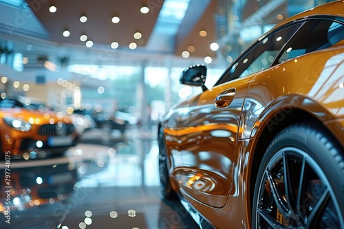 New premium car in a dealer showroom close-up. Buying a car.