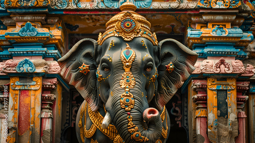 hindu temple in island, Highly decorated real life sized Bull Elephant at entrance of South Indian Temple. The elephant is considered auspicious and embodiment of Hindu mythology Lord Ganesha.