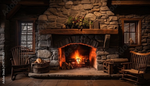 Rustic stone fireplace in a cabin with two wooden rocking chairs placed in front