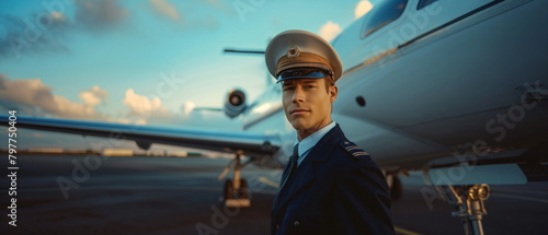 confident pilot in uniform, standing beside an aircraft with a look of determination