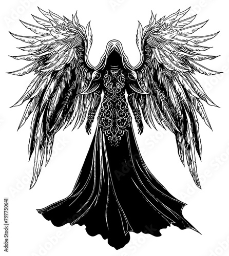 Illustration of a faceless angel in long flowing dress and big wings, isolated 