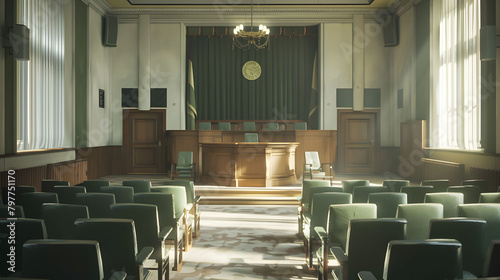 Old courtroom building architecture. Trial verdict against the defendant in the courtroom. The concept of law and state security. Artificial intelligence.