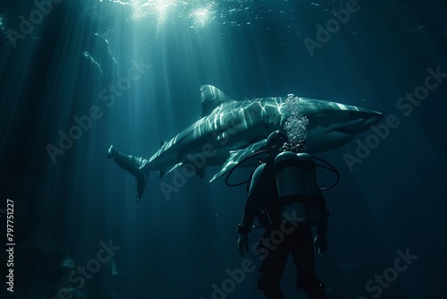 A diver explores the deep, dark ocean, surrounded by the unknown The concept of fear is palpable as a shark lurks in the shadows, invoking phobias of the deep Decoration 8K , high-resolution, ultra HD