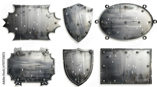 Collection of medieval metal shields on white background