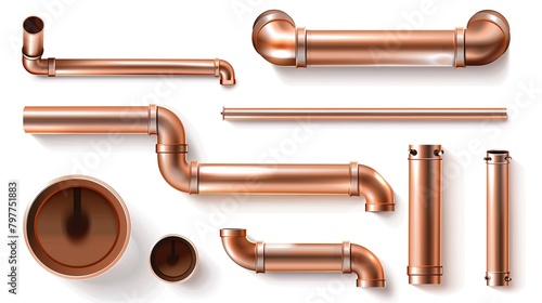 Copper pipe fittings and plumbing components isolated on white