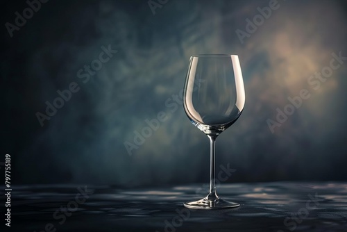 Elegant photo of a lone crystal wine glass placed precisely in the center of a smooth, dark table, emphasizing purity and clarity through minimalism