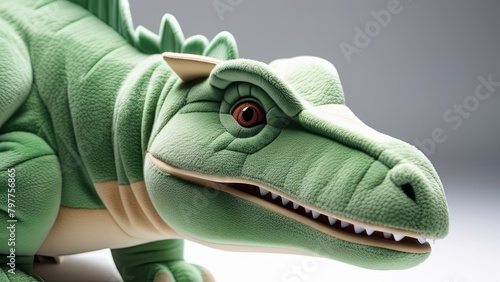 Dragon plushie doll isolated on white background. Dragon plush stuffed puppet on white backdrop. Dino plushie toy. Green color stuffed dinosaur toy.