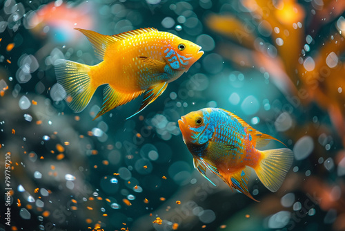 A pair of colorful tropical fish darting around a fish tank, feeding on flakes of fish food floating on the water's surface.