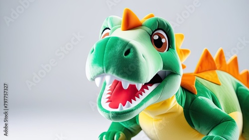 Dragon plushie doll isolated on white background. Dragon plush stuffed puppet on white backdrop. Dino plushie toy. Green color stuffed dinosaur toy. Lizard toy sitting on white