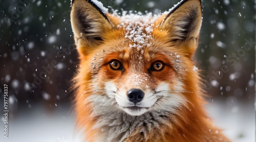 A magnificent red fox with shimmering snowflakes on its fur looks straight into the camera, its sharp eyes reflecting the snow falling.