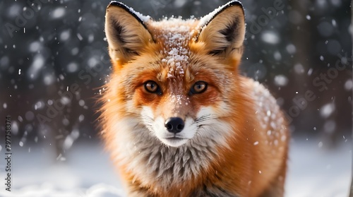 A magnificent red fox with shimmering snowflakes on its fur looks straight into the camera, its sharp eyes reflecting the snow falling.