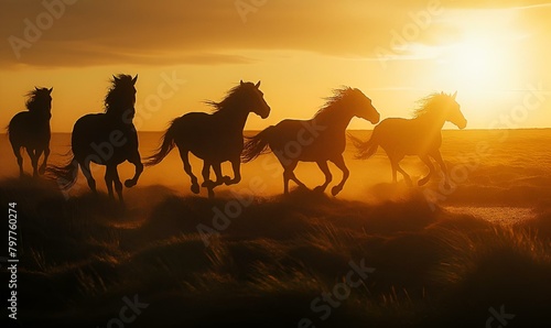 horses run across a dry grass field during sunset at the beach