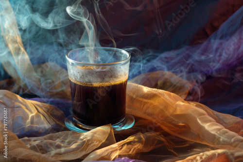 A glass of coffee is sitting on a table with a piece of cloth