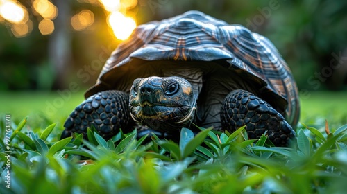 Turtle On The Green Grass. Endemic To The Islands Of The Aldabra Atoll In The Seychelles - Generative AI