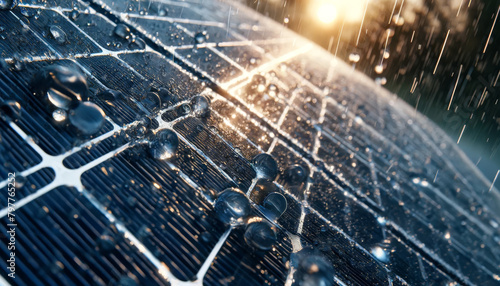 Close-Up of Raindrops on Photovoltaic Solar Panels with Sunlight Reflection