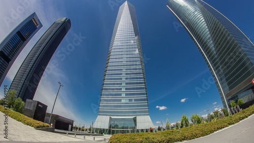 Skyscrapers timelapse hyperlapse in the Four Towers Business Area with the tallest skyscrapers in Madrid and Spain