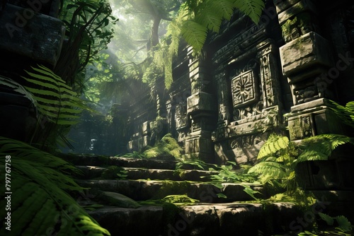 Old beautiful ancient temple in the jungle. Tropical landscape with mystic ruins. Travel and vacation, exploration and adventure concept