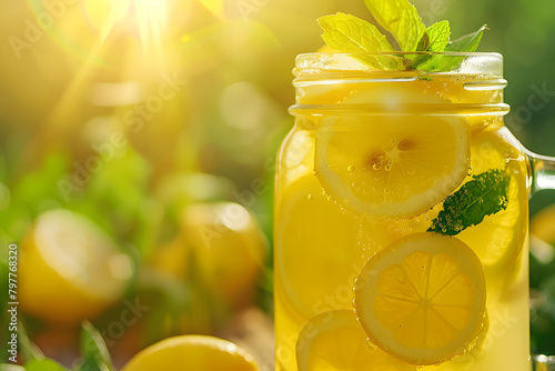 Close-up of chilled lemonade in a mason jar, with lemon slices and mint leaves, set against a sunny, natural backdrop