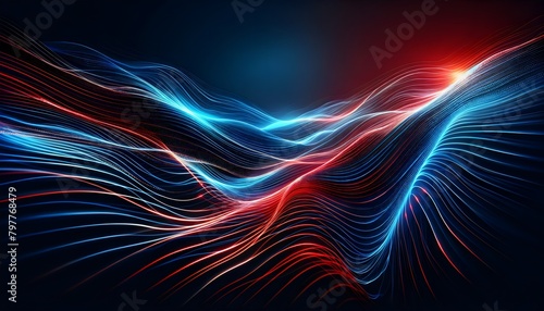 an abstract digital artwork featuring flowing lines in vibrant blue and red colors that give the impression of electricity or neon light movement