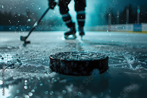 Detailed view of a hockey puck on ice, with a player’s stick approaching, focusing on the anticipation of action