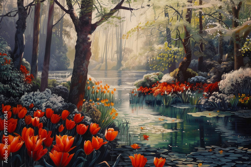 A painting of a forest with a river and a field of red flowers