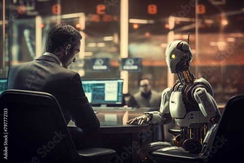 Robot broker negotiating deals in highstakes trading floor, dynamic, midshot