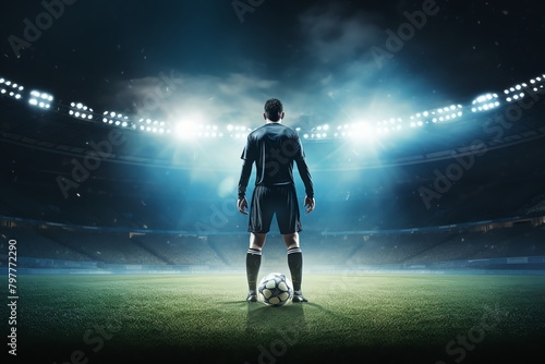 Soccer player taking a penalty kick, stadium lights, midshot