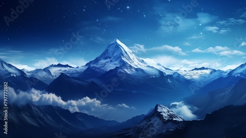 Mountain peak under starry sky, clear night, panoramic view
