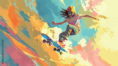 Jumping little girl with skateboard on color background