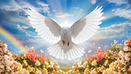 a white dove is in mid-flight, its wings fully spread out. The dove is positioned towards the right side of the image, with its beak pointing downwards. The background is filled