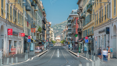 View of Place Garibaldi timelapse with trams on the street and traffic.