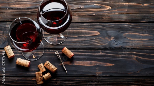Elegant glass of red wine with corks and corkscrew on dark wooden background.