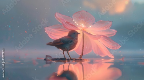 A bird is taking shelter from the rain under a pink umbrella shaped like a flower, generated with AI