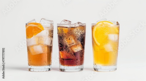 Glasses of cola and orange soda drink and lemonade sparkling water on white background with ice cubes 