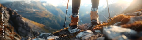 Hiker woman with trekking sticks climbs steep on mountain trail, focus on boot photography, generated with AI