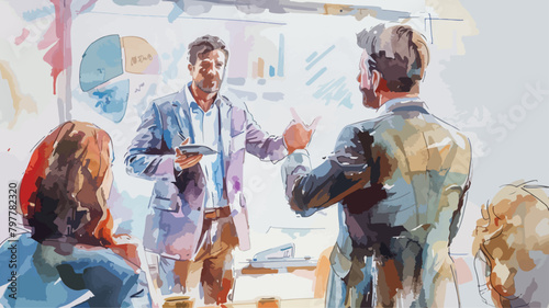 Business Coaching Pitch Meeting Start-Up Firma Auswertung Besprechung Menschen Präsentation Whiteboard Watercolor