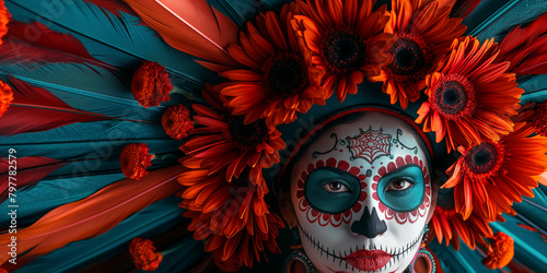 Gesicht einer Frau mit Totenkopf bemalt spanische Religion für Dia de los Muertos, ai generativ