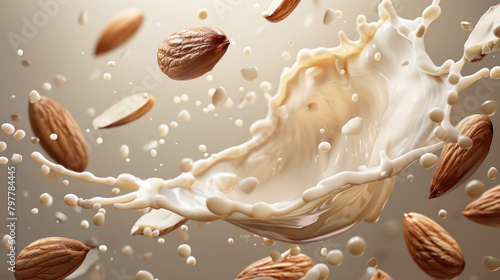 almond milk explosion with flying nuts for dynamic dairy alternative concept