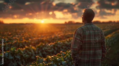 A man stands in a field of crops, looking at the sun as it sets