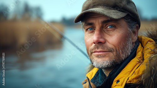 Man with fishing rod nearby a river.