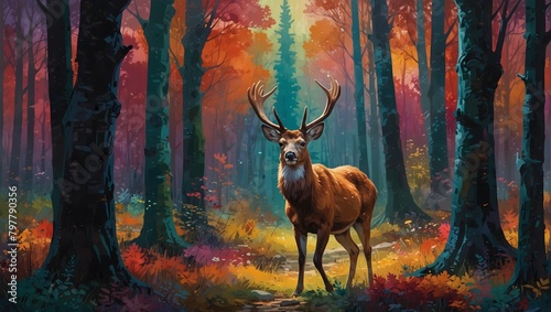 A lively cartoon deer navigating through a forest painted in a myriad of vibrant hues ai_generated