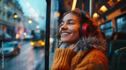 A cheerful woman with wireless headphones gazed out the bus window.