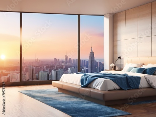 A bed in a beautiful, luxurious room in the middle of the city. Room for rent. View of the city in the evening, sunset.