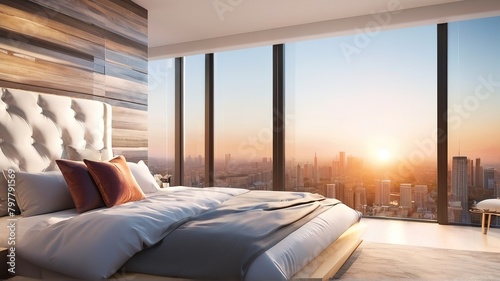 bed in the room is beautiful and luxurious in the middle of the city. Evening city view, sunset