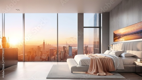 Bed in a beautiful, luxurious bedroom in the heart of the city. Evening city view, sunset