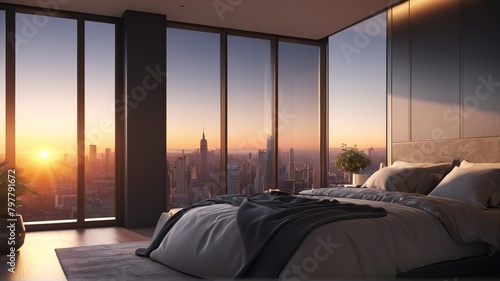 beautiful, luxurious bedroom in the middle of the city. Bed. View sunset.