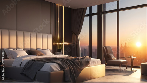 Luxurious bedroom in the heart of the city. Bed. View of the city in the evening and sunset.